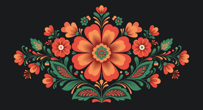 Vibrant and symmetrical folk art floral arrangement with large orange and red flowers and green leaves on a dark background.