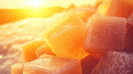 Crystallized sugar formations reflecting warm sunlight in close up macro view