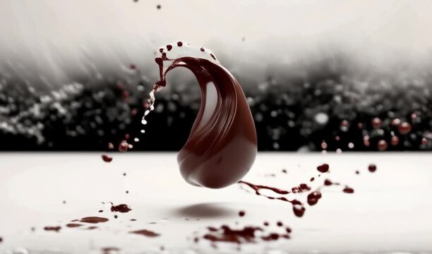 A dramatic shot of chocolate sauce splashing in mid-air, droplets frozen against a stark white background, 4K and HD for a dynamic dessert moment.
