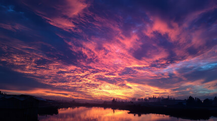 Obraz premium Stunning Sunset Reflection Over a Calm Lake