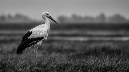 Obraz premium Stork Standing in Tall Grass, Monochrome Portrait