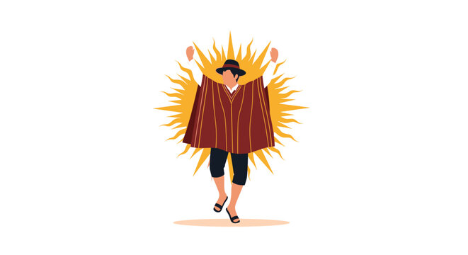 Vector illustration of a person celebrating the Inti Raymi sun festival in Peru, dancing in traditional Andean poncho and hat.