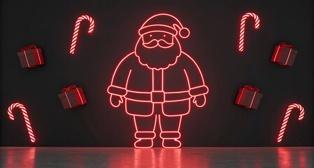 Fototapeta premium Vibrant Neon Santa Claus Illustration with Festive Candy Canes and Gift Boxes for Modern Holiday Celebrations