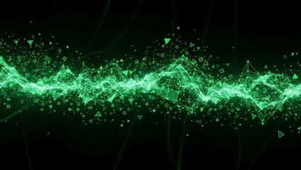 Glowing green network connection with particles and lines on dark background futuristic technology concept with vibrant neon effect