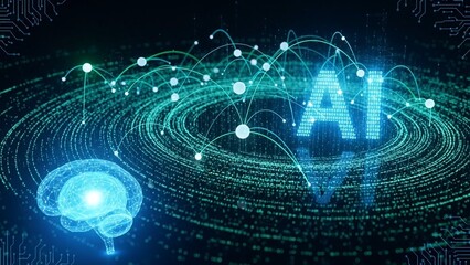 Futuristic ai technology concept with glowing brain and digital circuits in blue neon light on dark background with binary code