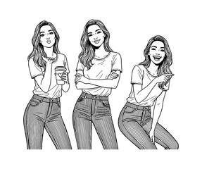 Happy young Caucasian women group posing expressing different emotions blowing a kiss laughing pointing standing