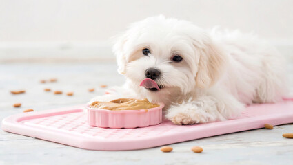 Cute Maltese puppy licking peanut butter from a pink tray