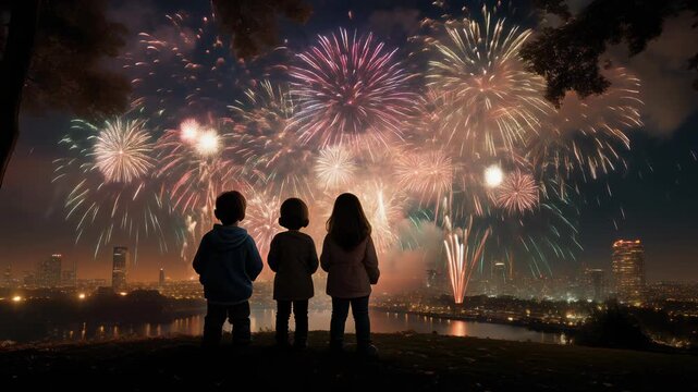 Family watching vibrant fireworks display over cityscape at night.