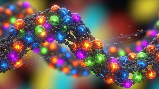Vibrant dna double helix structure with multicolored glowing particles and blurred background - Powered by Adobe