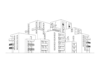 Obraz premium Modern Apartment Complex Line Art Illustration with Balconies and Clean Design