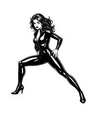 Confident woman in shiny black catsuit and high heels striking a powerful alluring pinup pose