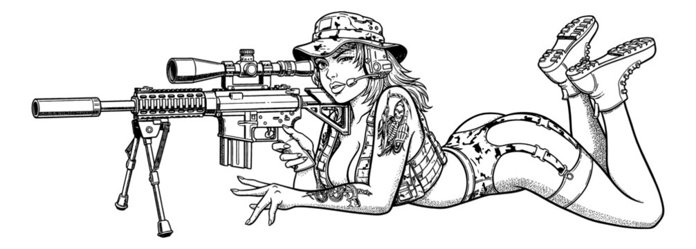 Attractive Woman in Camouflage Outfit Posing with a Sniper Rifle Aiming Confidently in Pinup Style Illustration