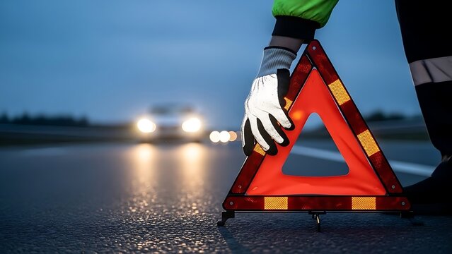 Person's Gloved Hand Placing a Red Warning Triangle on a Roadside at Night with Car Headlights