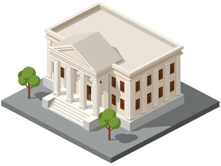 An isometric view of a classical building featuring a grand portico with white columns, a triangular pediment, and symmetrical windows, flanked by stylized trees on a grey base to represent a bank