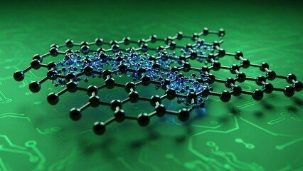 3d rendered molecular structure of graphene on a green circuit board background with glowing blue connections and black molecular bonds