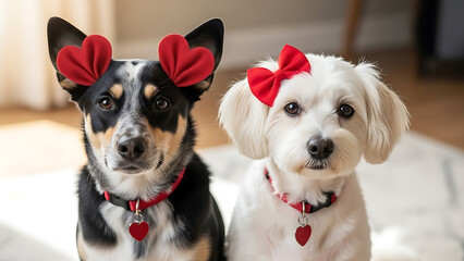 Two adorable dogs with heart-shaped accessories