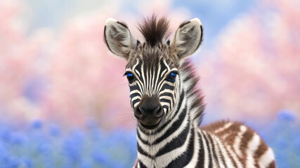 Fototapeta premium Adorable baby zebra with bright blue eyes in a field of flowers