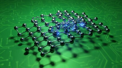Molecular structure of silver and blue atoms on green circuit board background with metallic bonds and shadows