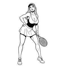 Obraz premium Confident Caucasian woman tennis player posing with racket wearing sportswear a pinup style illustration
