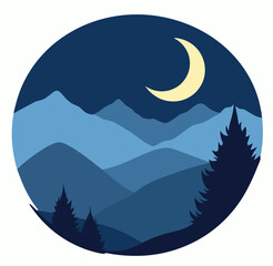 Abstract Mountain Landscape with Crescent Moon Vector Design