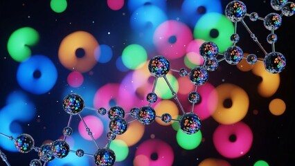 Molecular structure with colorful spheres and bokeh effect in dark background representing scientific research and discovery concepts