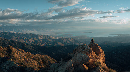 Naklejka premium Person sitting on a rocky peak overlooking a mountainous landscape