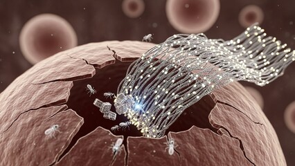 Silver metallic micro robot destroying red blood cell futuristic nanotechnology concept 3d rendered illustration with dramatic lighting