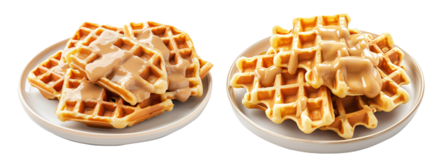 Waffles topped with creamy sauce served on white plate, isolated on white background, concept of sweet breakfast treat