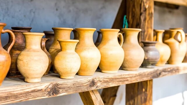 A row of hand-crafted ceramic pots of varying sizes and colors sit on a weathered wooden shelf