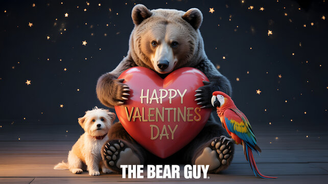 Heartwarming valentine's day scene with bear dog and parrot