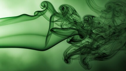 Green smoke swirling in abstract motion against a soft gradient background creating a mystical atmosphere with flowing tendrils and curls