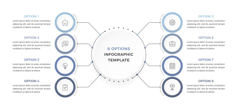 Eight option infographic template with a central circle connected to circular elements presenting a structured business or presentation layout