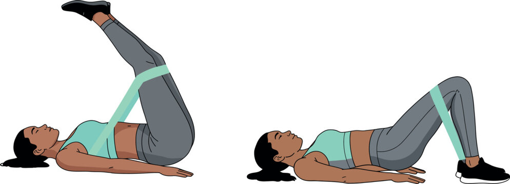 Woman Performing Glute Bridge and Leg Raise with Resistance Band