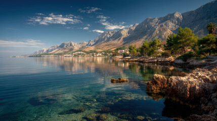 Serene coastal landscape with mountains in the background