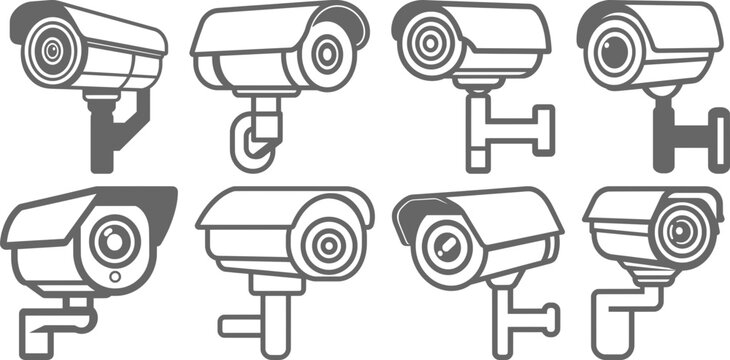 Set of CCTV security camera icons. Vector line art illustration of surveillance cameras for home security, protection, and monitoring systems. Flat style electronic guard symbols.