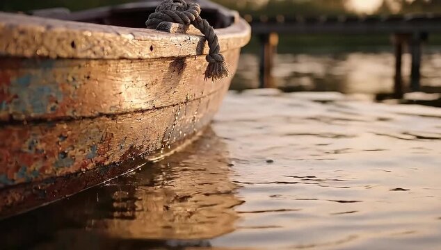 Weathered wooden rowboat gently floats on calm water at sunset, evoking peaceful solitude