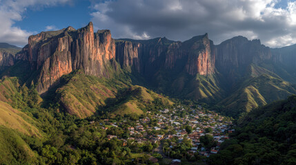 Dramatic Mountain Valley with Cloudy Sky and Small Town