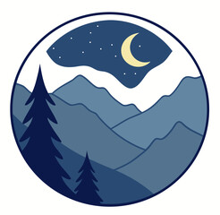 Minimalist Mountain Night Scene Vector Circle Illustration