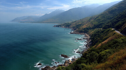 Coastal Landscape with Rocky Shore and Mountain Backdrop