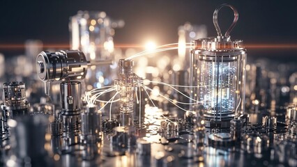 Futuristic metallic machinery with glowing blue circuitry and interconnected components in a complex industrial setup with dramatic lighting