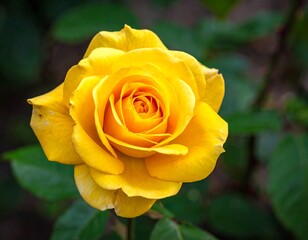 Close-up of a vibrant, golden yellow rose in full bloom, soft focus foliage