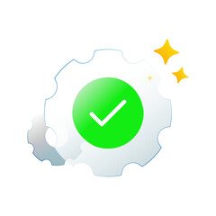 Modern vector illustration of transparent liquid glass gear, check mark. successful process completion, system configuration finished, verified workflow status. automation system, settings confirm
