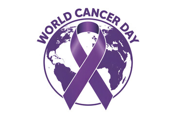 Obraz premium World Cancer Day Awareness Poster With Purple Ribbon And Global Map Illustration.