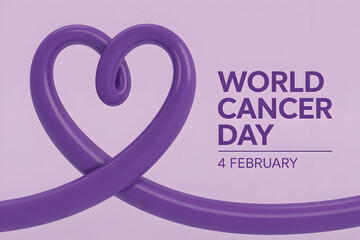 World Cancer Day awareness purple ribbon heart concept. Global cancer support and hope background.