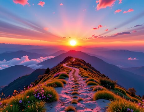 Sunrise Over Mountain Path with Glowing Heart
