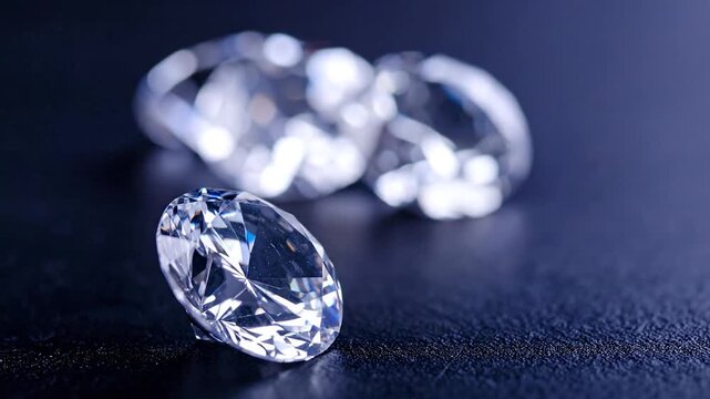A close-up showcases a clear, faceted gem with blurred diamond shapes in background