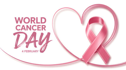 World Cancer Day heart shaped ribbon illustration. Love, care and cancer awareness support concept.