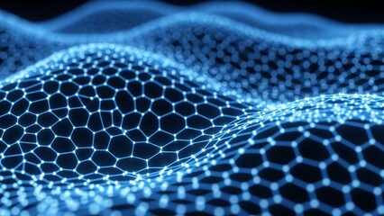 Complex network structure with glowing blue connections and hexagonal cells in a futuristic digital landscape with dark background