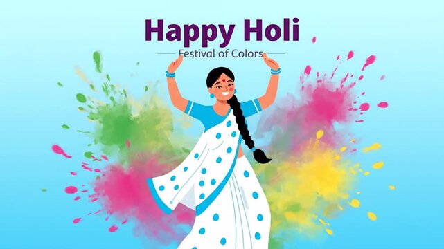 Happy Holi Festival of Colors Celebration Dancing Woman Vector Animation
