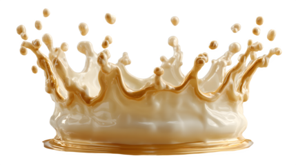 A crown splash of milk but made of liquid gold on a white background with droplets flying everywhere in a beautiful symmetrical pattern with milk splash